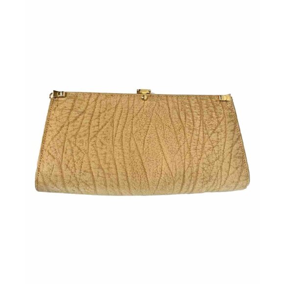 1980’s AFRICAN BUFFALO Skin Leather Tan CLUTCH w/ Gold Tone Hardware *Small Dent - Picture 2 of 7